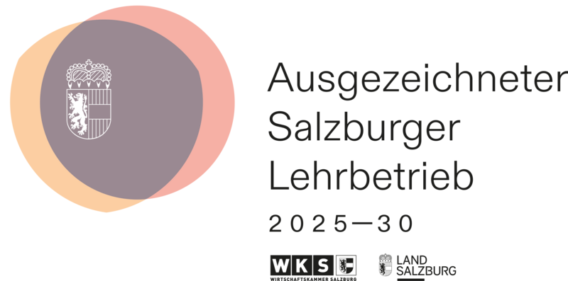 Gütesiegel ausgezeichneter Salzburger Lehrbetrieb in rot, orange, lila