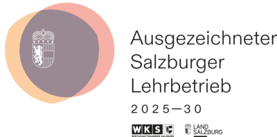 Gütesiegel ausgezeichneter Salzburger Lehrbetrieb in rot, orange, lila